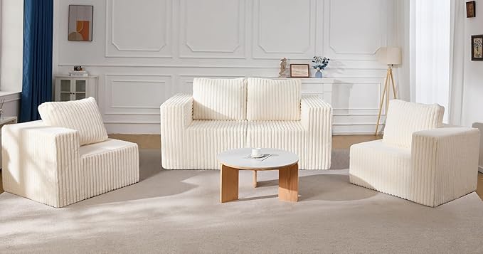 Modular Sectional Sofa 2 Seater Loveseat Modular Couch with Deep Seat Memory Foam Cloud Chair with Pillows Oversized Sectional Sofa for Living Room Bedroom (Strip White, Loveseat)-Ruum Studio Home