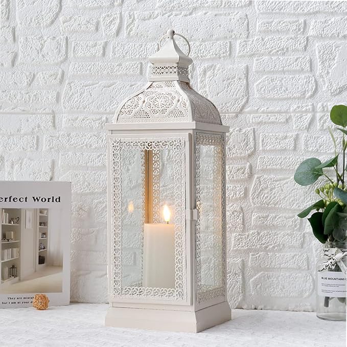 TRIROCKS Rustic Style Metal Candle Lantern 19'' High Decorative Hanging Lantern Candle Holder with Tempered Glass for Christmas Living Room Garden Yard Patio Parties Events Indoors Outdoors(Cream)-Ruum Studio Home