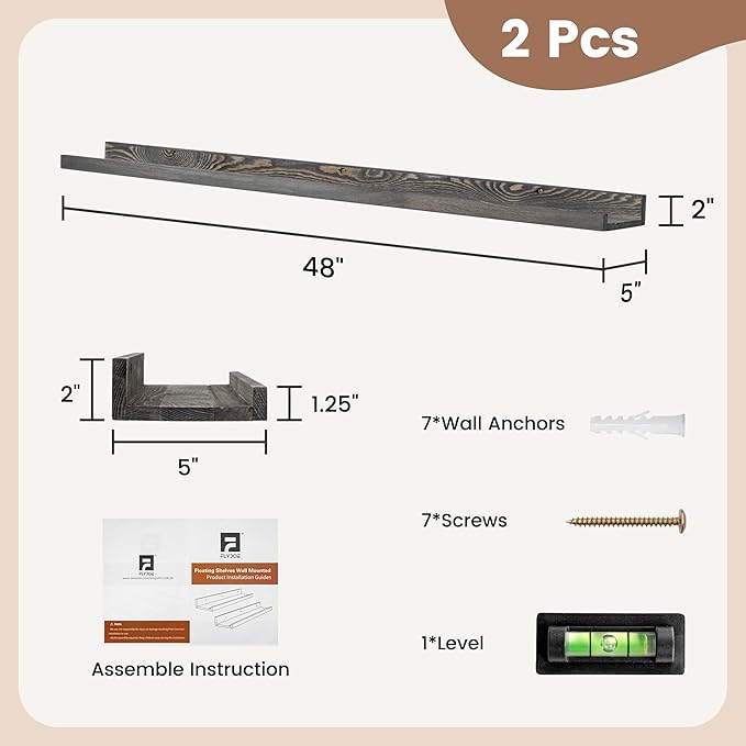 48 Inch Long Floating Shelves for Wall, Solid Pine Wood Picture Ledge Shelves with Lips, Nursery Book Shelves for Toys Storage Living Room Bedroom Photo Frames (2 Pcs, Grey)-Ruum Studio Home