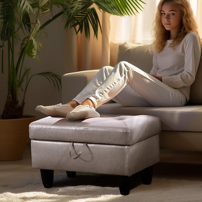 Ottoman Rectangular Storage Ottoman Bench, Faux Leather Footrest, Coffee Table, Stool Footstool with Hinged Lid for Living Room, Bedroom, Entryway, Champagne, 28.5"x19"x17.5"-Ruum Studio Home