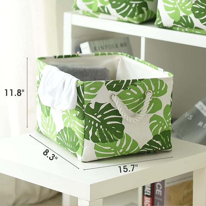 Storage Cubes, Storage Bins Baskets for Organizing 4 Pack for Organizing Toys, Clothes, Closet Baskets with Rope Handles for Nursery Home(White and Green,15.7"L×11.8"W×8.2"H)-Ruum Studio Home