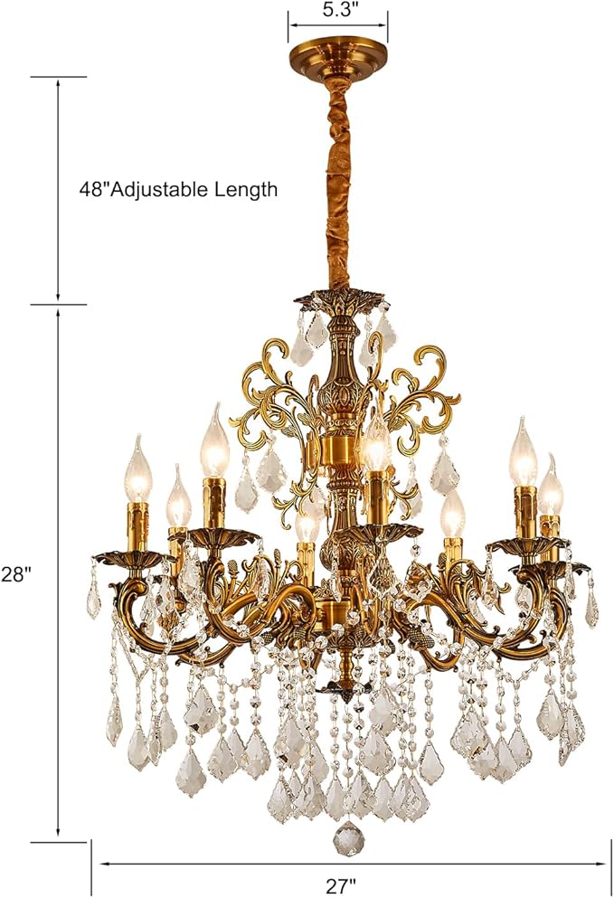 Vintage 8 Arms Crystal Chandelier Candle Light Fixture for Dining Room Living Room Bedroom Hallway Entryway Antique Gold Finish (27"-8 Lights)-Ruum Studio Home