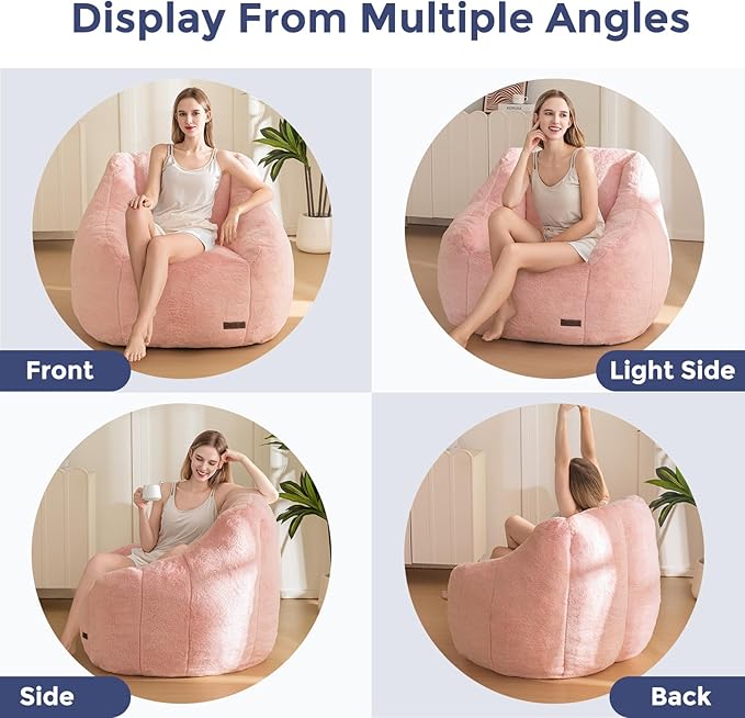 MAXYOYO Bean Bag Chair, Comfy Bean Bag Sofa with Back Support, Faux Fur Bean Bag Chair for Adults and Kids, Stuffed Floor Sofa for Living Room, Bedroom, Apartment, Pink-Ruum Studio Home