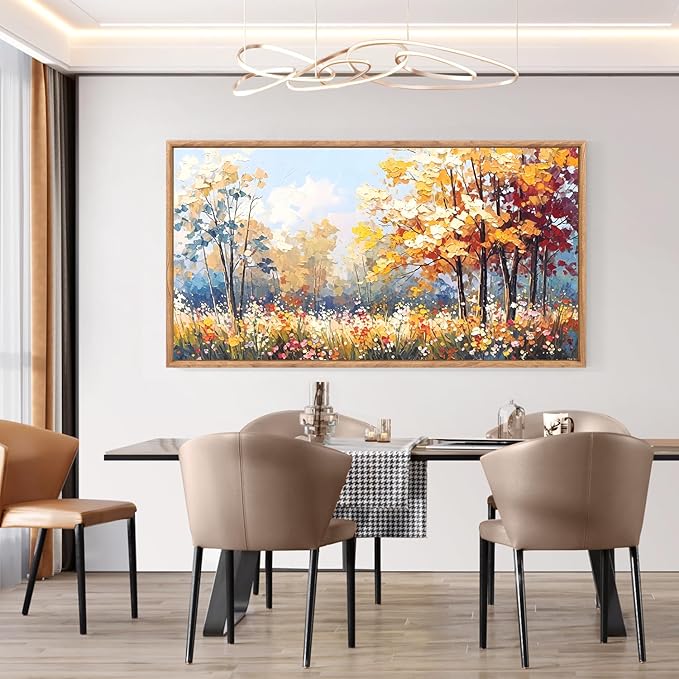Aurlan Forest Wildflowers Landscape Hand Painted Framed Wall Decor(40"x20"), Vintage Nature Yellow Leaves Scenery 3D Textured Canvas Oil Painting, Classical Watercolor Floral Wall Art for Living Room Bedroom-Ruum Studio Home