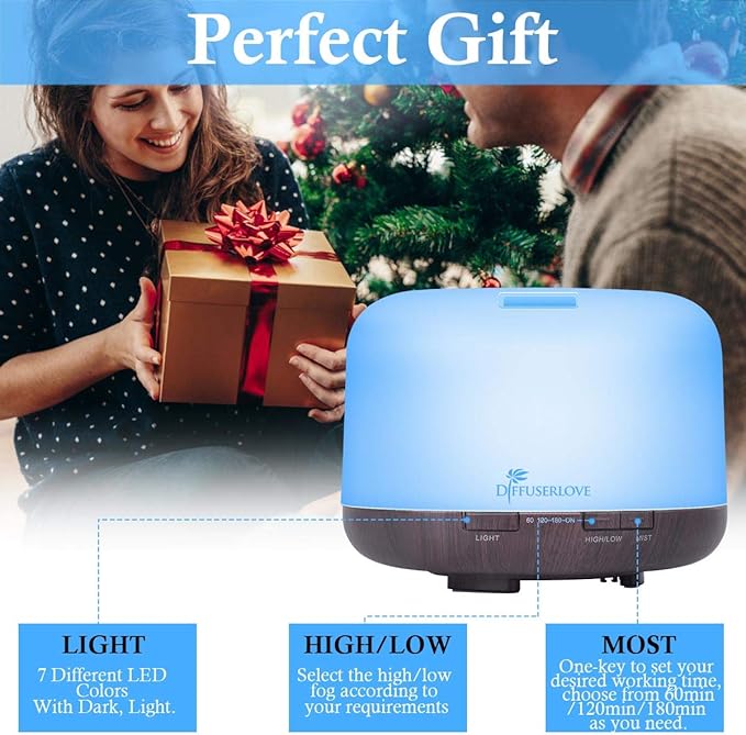 Diffuserlove Essential Oil Diffuser 500ML Aromatherapy Diffuser Mist Humidifiers 7 Color LED Lights Diffusers for Home Office Bedroom (Size:6.7" L x 6.7" W x 4.7" H)-Ruum Studio Home