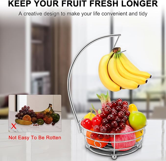 Livabber Countertop Fruit Basket Bowl with Banana Hanger, Modern Standing Fruit Vegetable Bowl Storage, with Banana Tree Holder for Kitchen Dinning Table (Round Metal, Chrome)-Ruum Studio Home