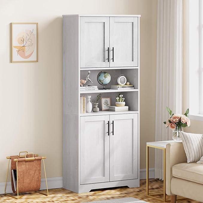 GarveeHome 67" Tall Storage Cabinet, Tall Bathroom Cabinet with 4 Doors and Adjustable Shelves, Freestanding Kitchen Pantry Cabinets, Cupboard for Living Room, Dining Room, Antique White-Ruum Studio Home