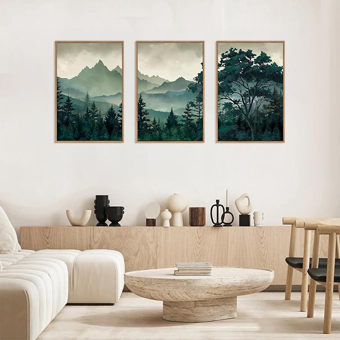 HLNIUC Green Foggy Forest Framed Canvas Wall Art Set,Watercolor Boho Pine Tree Wall Decor,Modern Misty Mountain Scenery Art Print,Nature Landscape Wall Painting for Living Room,Bedroom - 16”x24”x3-Ruum Studio Home