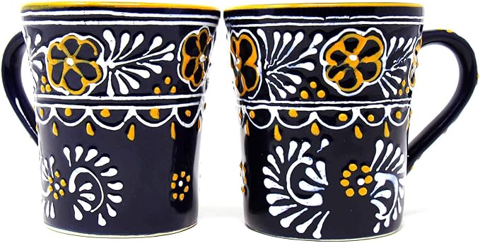 Encantada Handmade Hand-Painted Authentic Mexican Pottery Mugs (2-Pack, Blue Helecho)-Ruum Studio Home