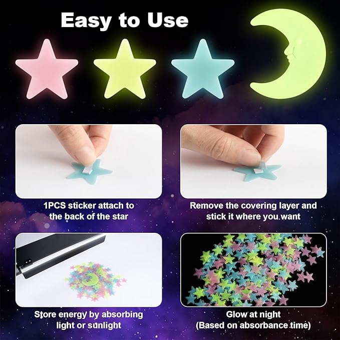 200 Glow in The Dark Stars for Ceiling - Glowing Stars and Moon Stickers Estrellas que brillan en la oscuridad para el techo de cuarto Plastic Space Galaxy Decals Bedroom Wall Decorations-Ruum Studio Home