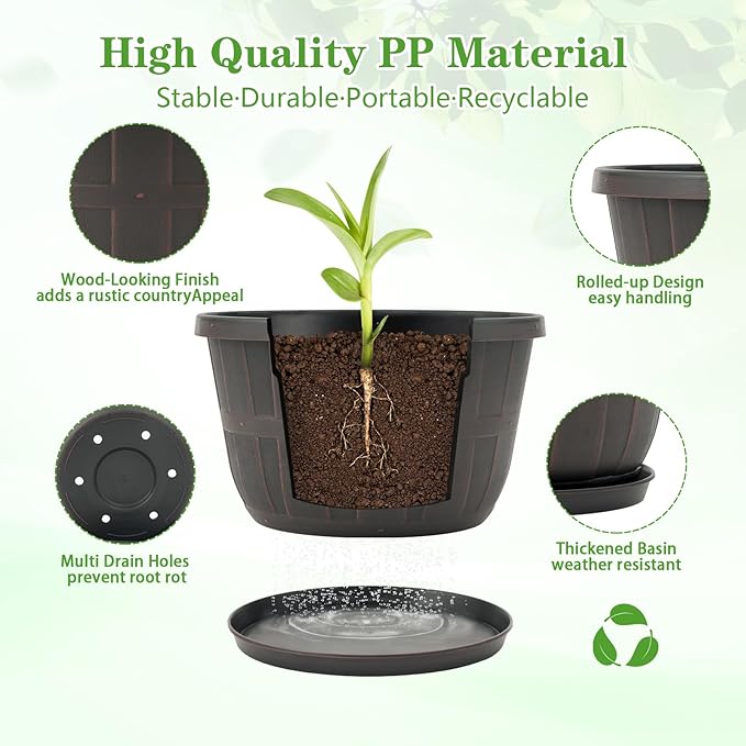 Quarut 12 Inch Large Planter Pot for Plants Indoor Outdoor, 4 Pack Plastic Flower Pots with Drainage Hole & Tray, Modern Decorative Garden Pot with Saucer, Plant Container for House（Brown）-Ruum Studio Home