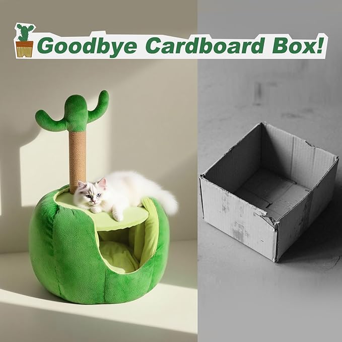 Cat Houses for Indoor Cats, Small Cat Tree with Sisal Ropes and Plush Perch, Cute Cat Bed Cave with Soft Pillow, Cactus Design-Ruum Studio Home
