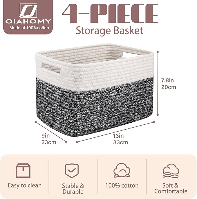OIAHOMY 4 Pack Storage Baskets for Organizing, Basket for Shelves with Handle, Woven Baskets for Storage Toys, Towels, Books, Cotton Rope Basket 13" L x 9 " W x 7.8 " H, Black & White-Ruum Studio Home