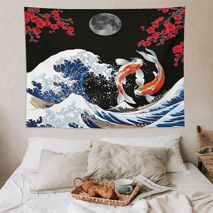 Houselerax Japanese Koi Fish Tapestry, Yin Yang Big Wave Red Cherry Blossom Tapestries Wall Hanging for Bedroom Living Room Office Decor 80"x60"-Ruum Studio Home