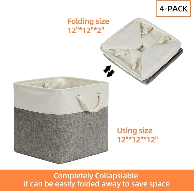DULLEMELO Cube Storage Bins Set of 4 Fabric Storage Cubes Organizer Bin with Handles, Collapsible 12 Inch Cube Storage Baskets for Organizing, Closet, Shelf, Nursery (White&Grey)-Ruum Studio Home