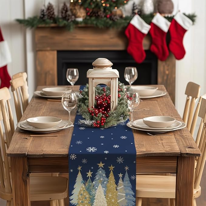 GEEORY Christmas Table Runner 13x60 Inch, Xmas Trees Snowflakes Holiday Decorative Farmhouse Table Decoration for Kitchen Dinning, Indoor Outdoor Dinner Party Decor (Blue) GT151-60-Ruum Studio Home