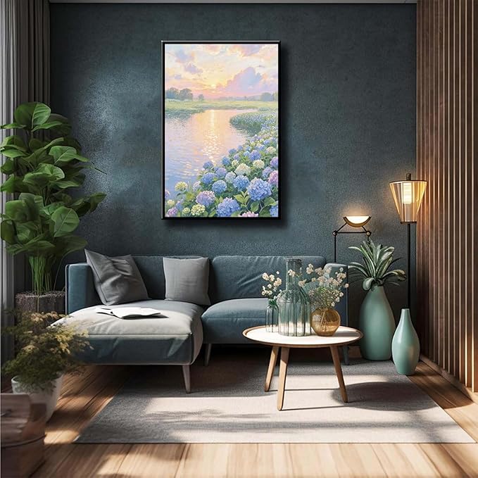 The hydrangea scenery all over the lake at sunset is suitable for posting in the living room bedroom office landscape poster wall painting-Ruum Studio Home