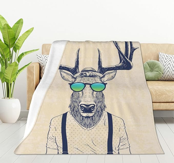 HGOD DESIGNS Deer Throw Blanket Deer Dressed up Like Cool Hipster Blanket Super Soft Flannel Throw Blanket Lightweight Plush Fuzzy Bed Blanket for Bedding Sofa and Travel 50"X60"-Ruum Studio Home