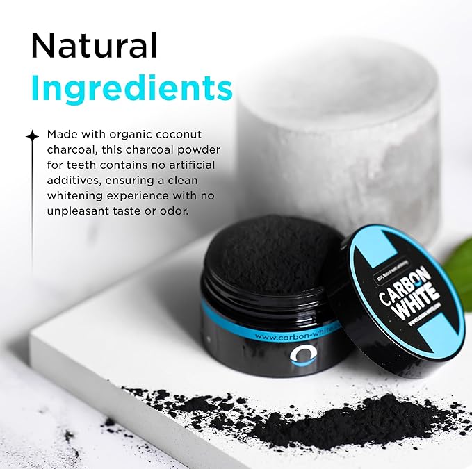 CARBON WHITE Teeth Whitening Powder - Natural Activated Coconut Charcoal Tooth Powder for Removing Stains & Discoloration - Helps Fight Tartar & Plaque, Freshens Breath - Tasteless, Odorless - 30g-Ruum Studio Home
