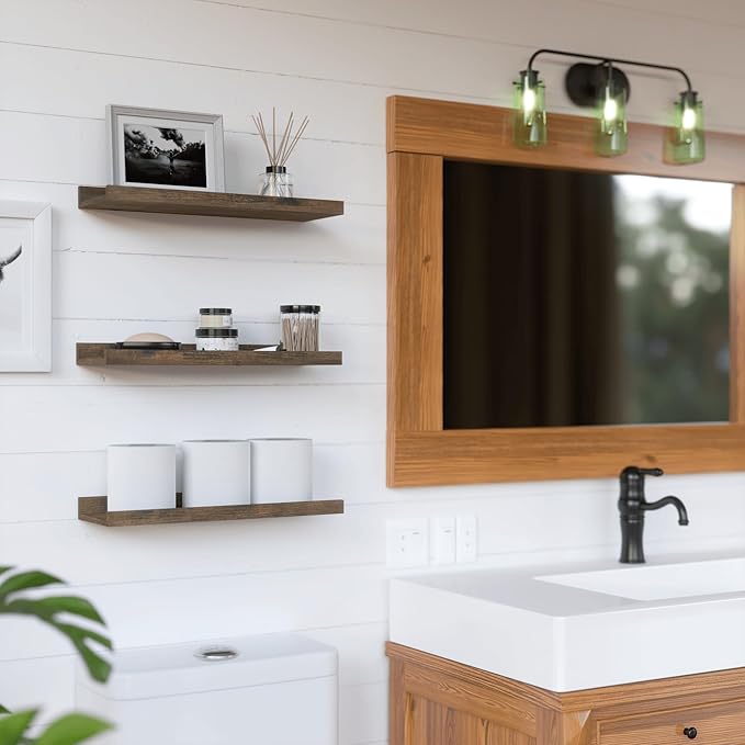 RICHER HOUSE 8 Set Floating Wall Mounted Shelves, Nursery Hanging Book Shelves with Lip for Storage, Display Picture Ledge Shelf for Bedroom Bathroom Kitchen Living Room Wall Decor, Rustic Brown-Ruum Studio Home