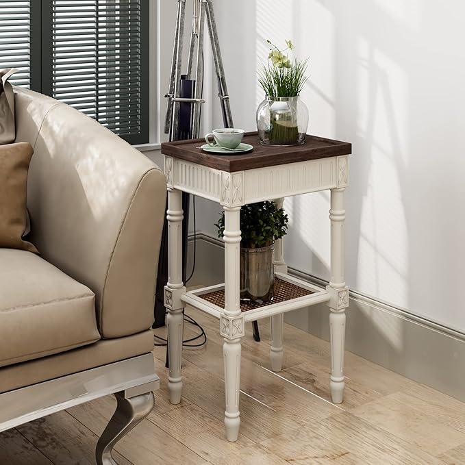 Rustic Farmhouse Cottagecore Accent End Table Set of 2, Distressed Accent Side Table with Espresso Tray Top and Woven Wicker Shelf, Boho, French Country Decor, Square, Weathered Brown & White-Ruum Studio Home