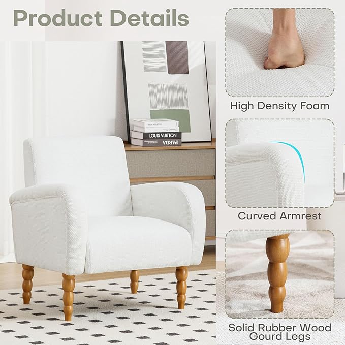 Chenille Fabric Accent Chairs Set of 2, Upholstered Armchair with Solid Wood Legs, Modern Living Room Accent Chair, Comfy Single Sofa Reading Club Chair for Bedroom Reception Lounge, White-Ruum Studio Home