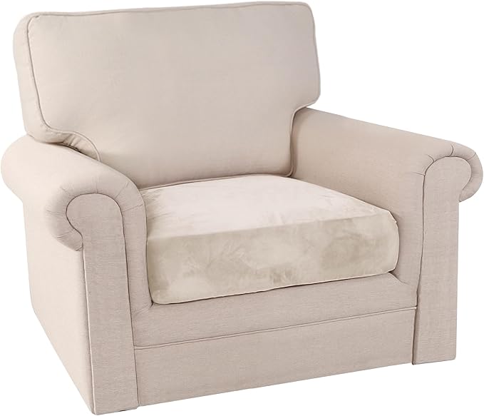 PrinceDeco Stretch Velvet Couch Cushion Cover,Soft Fitted Cushion Slipcover for Chair Cushion Furniture Protector Seat Cushion Sofa Cover Width Up to 29.5", Ivory-Ruum Studio Home
