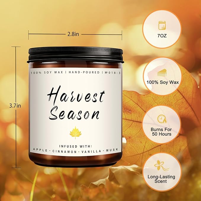 Fall Candle - Harvest Season Scented Candle, Fall Soy Candles for Home Decor, 7 oz Natural Soy Wax – Long-Lasting Autumn Candles, Aromatherapy Gift for Women & Thanksgiving, 7oz-Ruum Studio Home