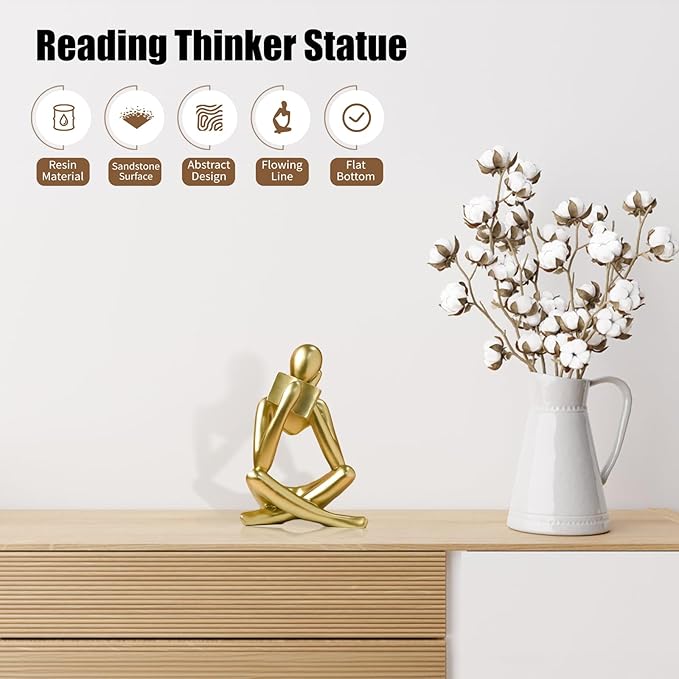 Bookshelf Decor Reading Statue - Abstract Art Thinker Sculpture Bookend for Shelves Aesthetic, Modern Home Decoration Figurine for Living Room Office Shelf Desk Coffee Table Decor(Gold Right)-Ruum Studio Home