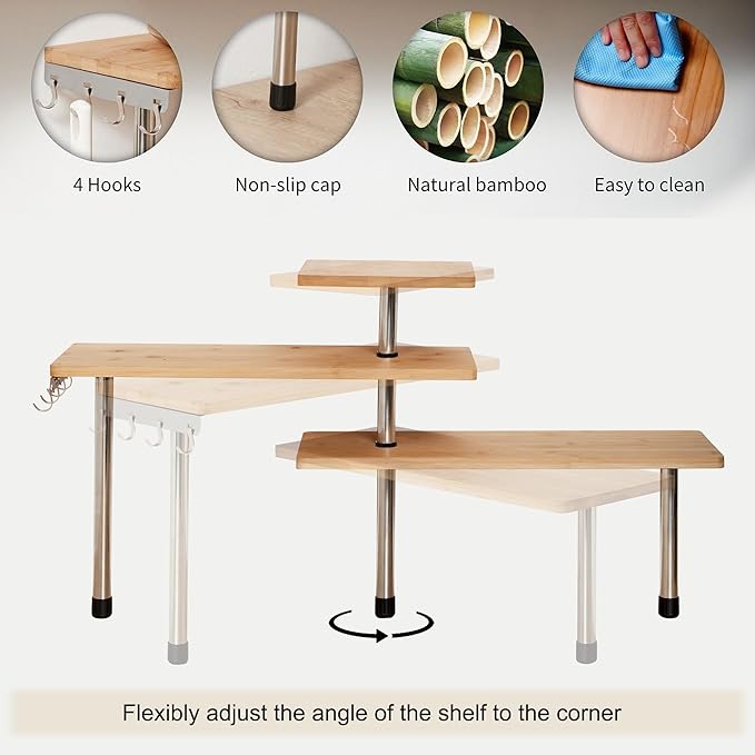 HYNAWIN Corner Shelf, 3 Tier Bamboo & Metal Storage Spice Rack-Desk, Space Saving Bookshelf with Hooks, Adjustable Display Shelf for Creative Home Décor Kitchen, Bedroom, Office (21CO)-Ruum Studio Home