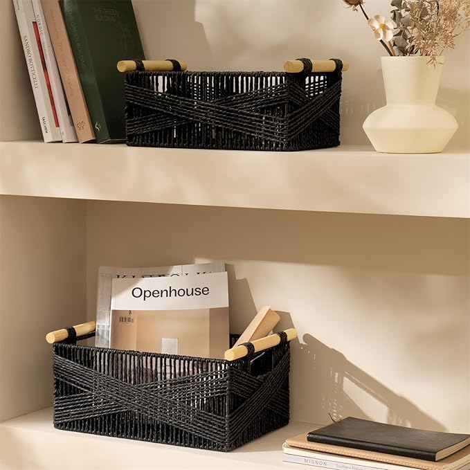 LA JOLIE MUSE Wicker Storage Baskets for Organizing, Recyclable Paper Rope Basket with Wood Handles, Decorative Hand Woven Basket Organizers for Makeup Books Shelves Living Room, Black, Set of 2-Ruum Studio Home