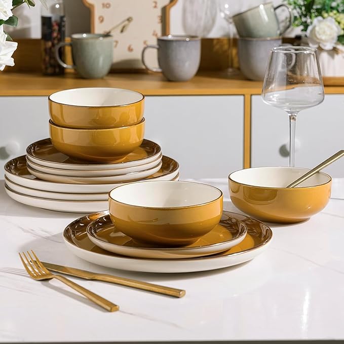 GBHOME Ceramic Dinnerware Sets, 18 Pieces Stoneware Dinnerware Set, Plates and Bowls Sets, Dishwasher & Microwave Safe,Dishes Set | Service for 6-Ruum Studio Home