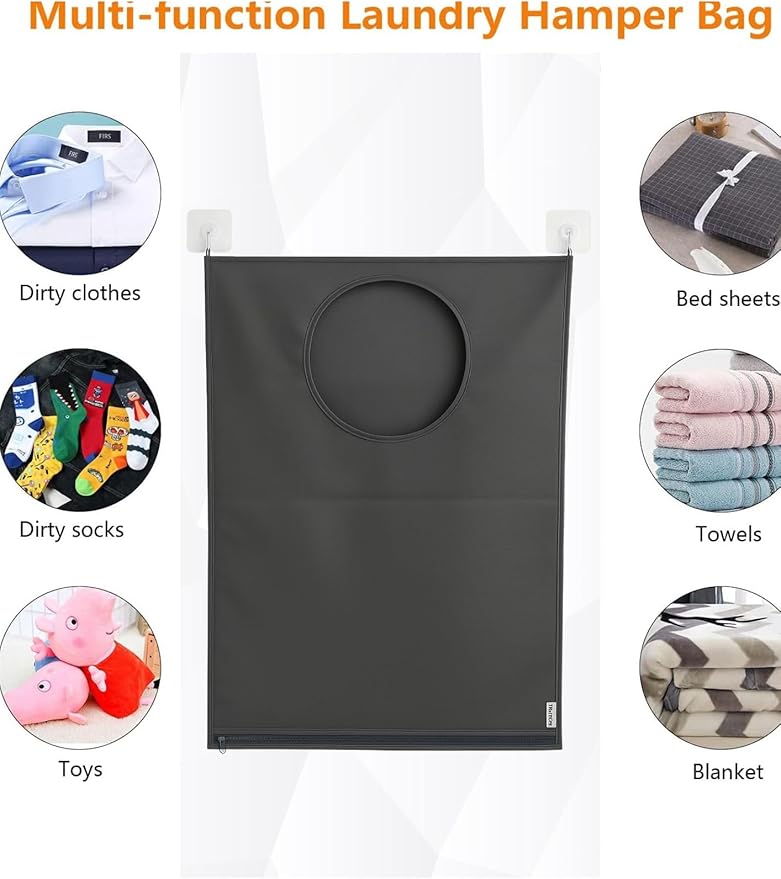 Hanging Laundry Hamper Bag – Space-Saving Dirty Clothes Storage with Free Adjustable Stainless Steel Over-the-Door Hooks & 2 Suction Cup Hooks – Ideal for bathrooms, bedrooms & dorms-Ruum Studio Home