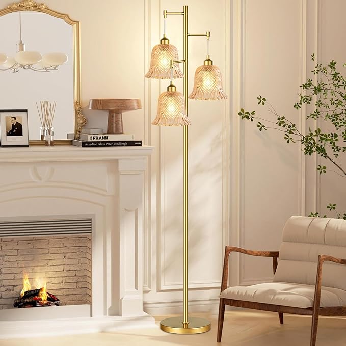 Gold Floor Lamp for Living Room,Bedroom,Tree 3 Light Standing Lamp Mid Century Modern Brass Tall Floor Lamps Vintage Retro Floor Lights Glass Green Flower Lamp Shade Farmhouse Boho Bohemian-Ruum Studio Home