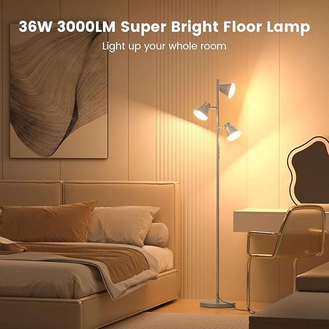 36W LED Tree Floor Lamp, Dimmable Tall Standing Lamp with Remote & Touch Control, 4 Color Temperatures Bright Floor Lamp, 3 Rotatable Light Modern Floor Lamps (Silver Gray)-Ruum Studio Home