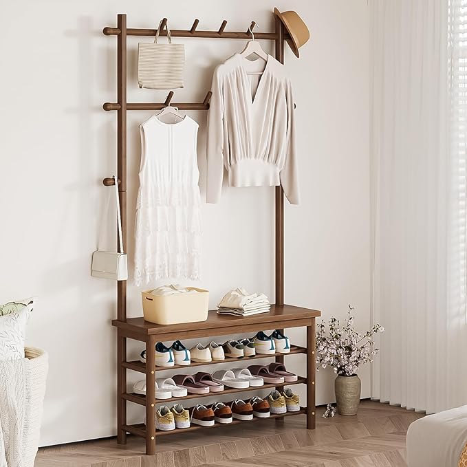 Bamboo Hall Tree with 13 Hook, 6-in-1 Entryway Bench with Coat Rack Freestanding, Coat Rack with Shoe Storage Bench Organizer for Mudroom, Bedroom, All-in-One Shoe Rack,Walnut-Ruum Studio Home
