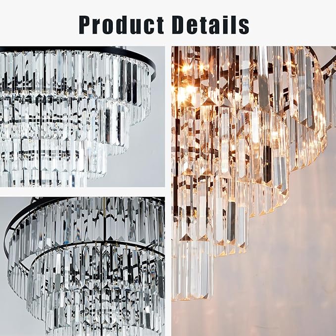 Luxury 6-Tier Round K9 Crystal Chandelier, Black Finish 26 Inch Diam Ceiling Light, Classic Elegant Chandelier with Crystal Piece, Lighting Fixture for Hallway, Bedroom, Living Room-Ruum Studio Home