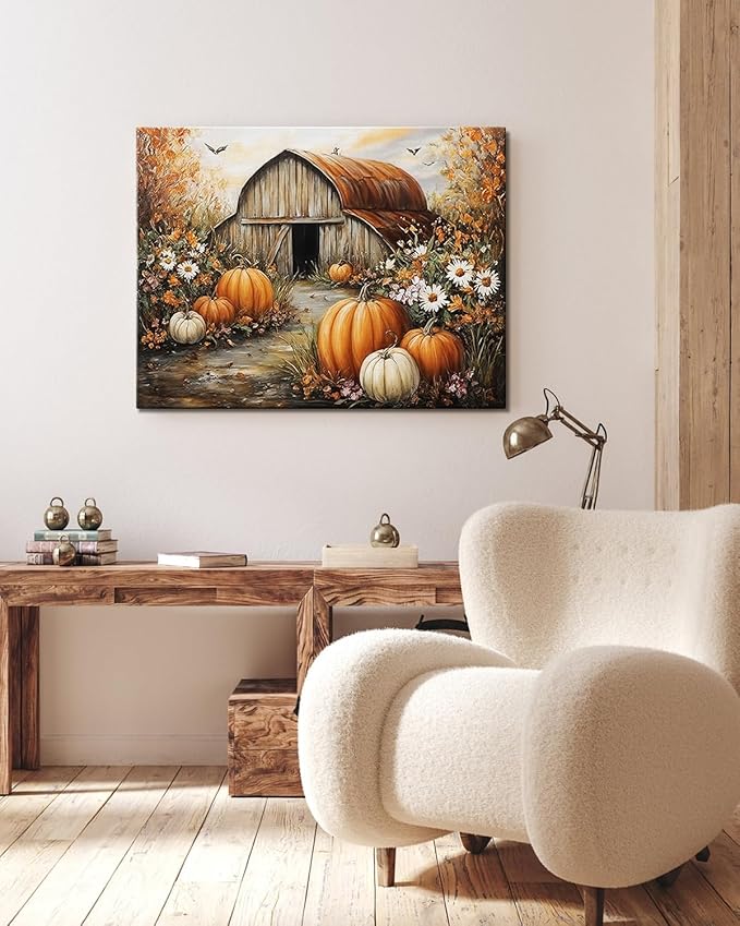 Autumn Pumpkin Barn Framed Wall Art Decor, Moody Fall Decor Rustic Country Landscape Picture Print for Farmhouse Decor,Thanksgiving Decorations Country Canvas Wall Art, Ready to Hang-Ruum Studio Home