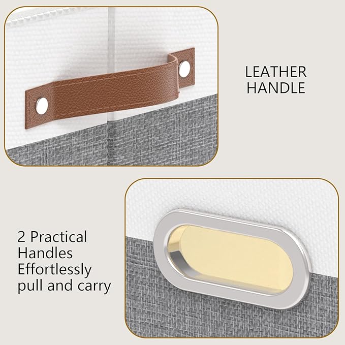 Yawinhe Fabric Storage Bins with Handles, Foldable Baskets for Shelves, Cubes with 3 Handles, Large Boxes for Clothes, White/Grey, 16.9''Lx11.8''Wx10.2''H, 4-Pack-Ruum Studio Home