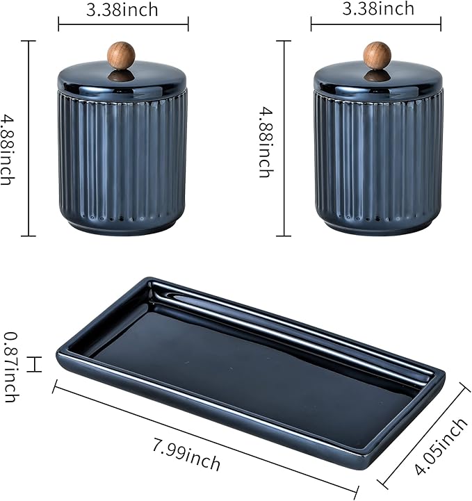 Qtip Holder Bathroom Set with Tray(3PCS) - 2 Piece 12 oz Blue Apothecary Jar Canister with Lid and 1 Pack Ceramic Vanity Tray-Ruum Studio Home