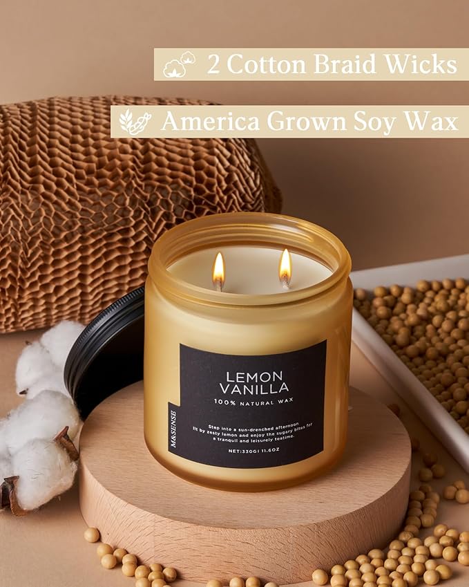 M&SENSE Candles Lemon Vanilla Scented, 11.6oz 70 Hour Long Lasting Candles for Home, 2 Wick Natural Soy Wax in Glass Jar, Stress Relief Gifts for Women and Men-Ruum Studio Home