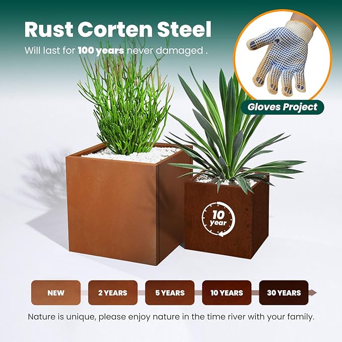 Corten Steel Planter Box Metal Outdoor Large Rectangular Rustic Durable Antique Detached for Commercial Residential Patio Deck and Backyard 17" x 17" x 18"-Ruum Studio Home