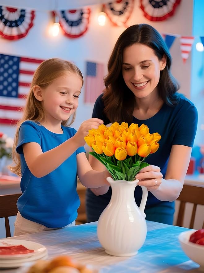 15 Heads Artificial Flowers PU Real Touch Tulip Bouquets Orange Tulips Faux Tulips Latex Fake Flower Bouquet for Spring Wedding Home Décor Centerpiece Arrangements-Ruum Studio Home