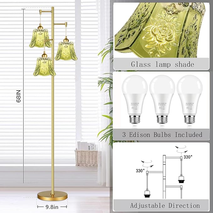 Gold Floor Lamp for Living Room,Bedroom,Tree 3 Light Standing Lamp Mid Century Modern Brass Tall Floor Lamps Vintage Retro Floor Lights Glass Green Flower Lamp Shade Farmhouse Boho Bohemian-Ruum Studio Home