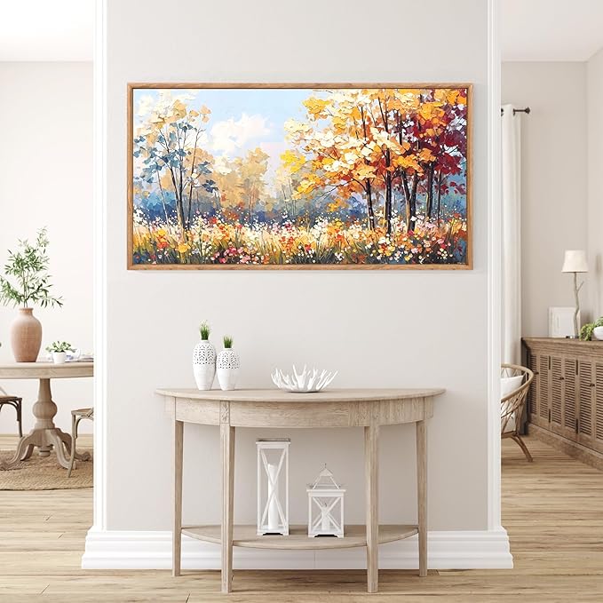 Aurlan Forest Wildflowers Landscape Hand Painted Framed Wall Decor(40"x20"), Vintage Nature Yellow Leaves Scenery 3D Textured Canvas Oil Painting, Classical Watercolor Floral Wall Art for Living Room Bedroom-Ruum Studio Home