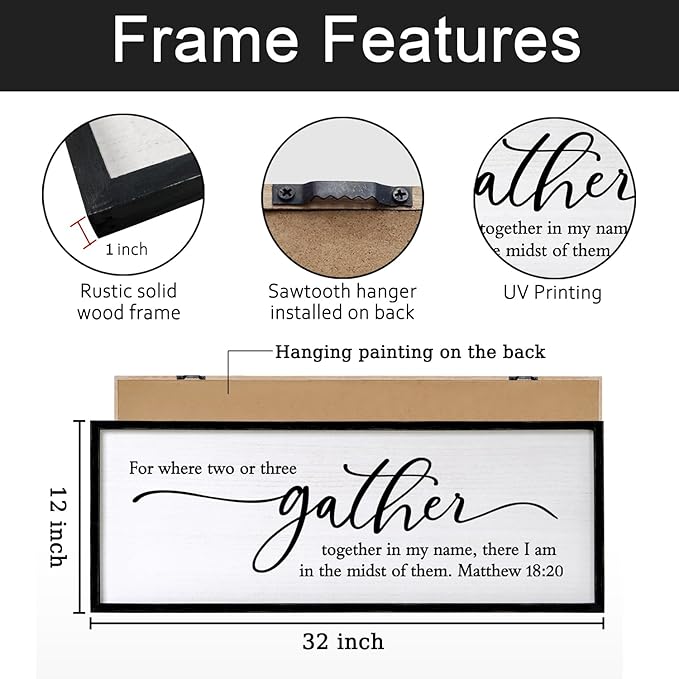For Where Two Or Three Gather Sign Dining Room kitchen Wall Decor Bible Verse Scripture Matthew 18:20 Wooden Frame 32X12 Inch for Christian Family Hanging Art (Black)-Ruum Studio Home