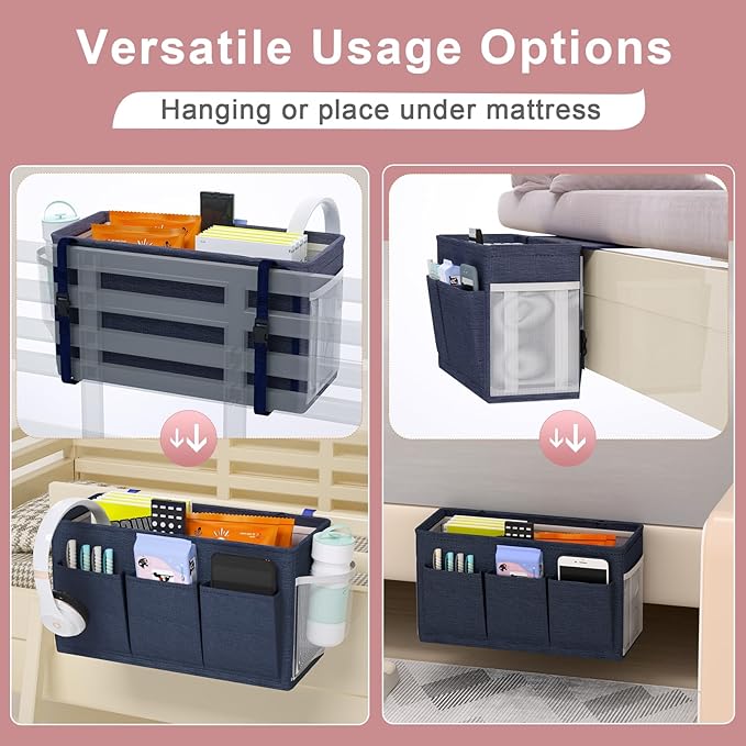 Dual-purpose Bedside Caddy Bedside Organizer, Bed Caddy with 6 Pockets, Versatile Bedside Storage Solution Magazine Remotes holder, ideal for Home, Dorm, Hospital, Crib Bed (Navy 2pcs)-Ruum Studio Home