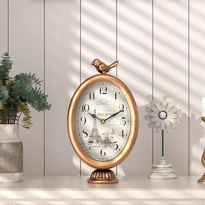 Vintage Table Clock with Bird, Desk and Shelf Decor Clock, French Paris Style, Antique Gold Metal Mantel Clocks for Living Room, Farmhouse, Bedroom, Bedside, Gift (10" H x 5.9" W)-Ruum Studio Home