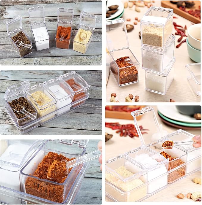 XIUDI Clear Seasoning Rack Spice Pots-4 Pieces Clear Seasoning Storage Container for Spice Salt Sugar Cruet.Acrylic Seasoning Box, Cruet with Cover and Spoon-Ruum Studio Home