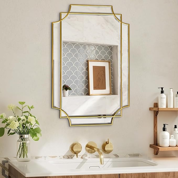 30x20 Inch Gold Bathroom Mirror, Wooden Frame with Scalloped Polished Beveled Glass, Modern Art Wall Decor for Vanity, Irregular Rectangle Mirror for Bedroom, Living Room, Fireplace & Entryway-Ruum Studio Home